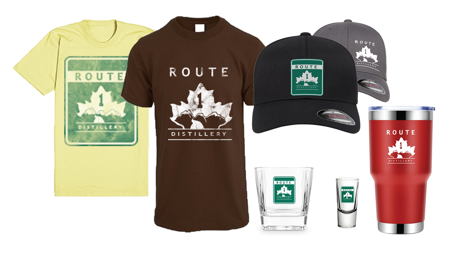 available merchandise for Route 1 Distillery, shirts, hats, drink ware